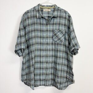 Tommy Bahama Button Up Shirt Mens Size XL Blue Green Plaid Short Sleeve Linen